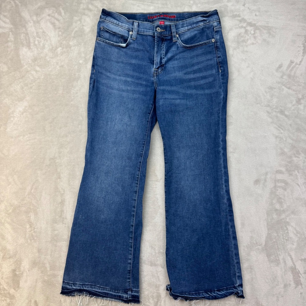 Lucky Brand Sweet Flare Womens 12 32x29.5 Blue Mid Rise Raw Hem Boho Jeans
